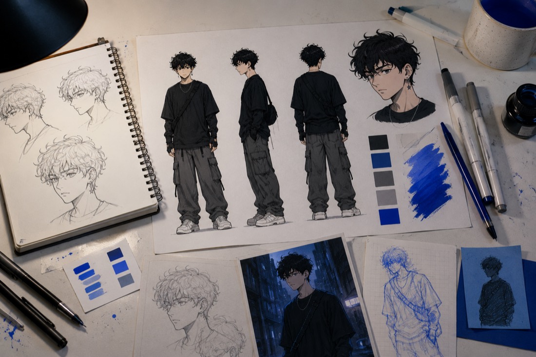 Anime karakter tasarım sayfaları ve renk paletleri